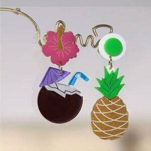 14k PINEAPPLE PINA COLADA coconut hibiscus cute fun dangle earrings